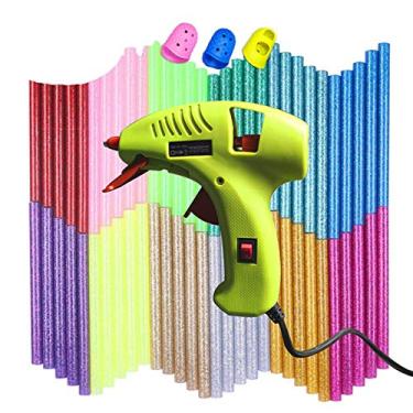 Imagem de NEX&CO Mini pistola de cola quente infantil com pacote de 60 bastões de cola colorida – Kit de pistola de cola adesiva derretida para projetos de artesanato de pequenas artes com protetores de dedo
