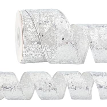 Imagem de MAYJOYDIY Fita com fio de malha de lantejoulas de 10 metros de 5 cm metálica de lantejoulas brilhantes fita de malha de prata com fio acabamento de Natal para decoração de casa de Natal, laço