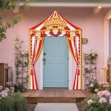 Imagem de WADORN Pano de fundo para decoração de festa com tema de barraca de circo, 2,5 x 1,5 m, faixa de carnaval, pano de fundo de fotografia listrado vermelho e branco para festas, aniversário, tema palhaço