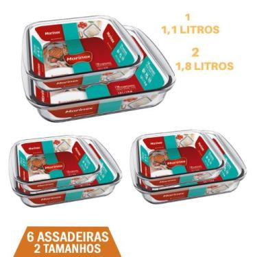 Imagem de Kit 6 Assadeiras Quadrada 2 Tamanhos 1,1L 1,8L Vidro Marinex - NADIR F
