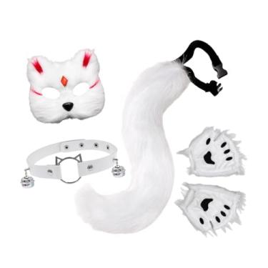Imagem de Dynwave Conjunto de máscara e cauda de gato e, colar para festa de aniversário, baile de máscaras show, Branco Vermelho
