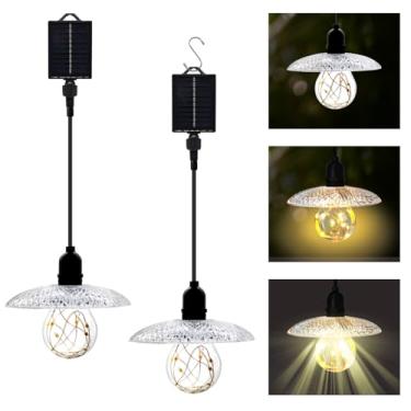 Imagem de ZGFRTAY 2 peças de luzes solares para pendurar no exterior 80 cm luzes solares penduradas ao ar livre lustre com sombra de rosto transparente exterior férias piscando varanda jardim árvore luz