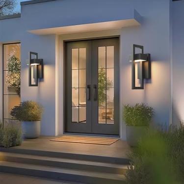 Imagem de OURIFU Luzes de varanda modernas com 2 unidades, luzes de parede LED integradas para ambientes externos, IP65 à prova d'água 20W 3000K, acabamento preto texturizado, arandelas de parede externa para