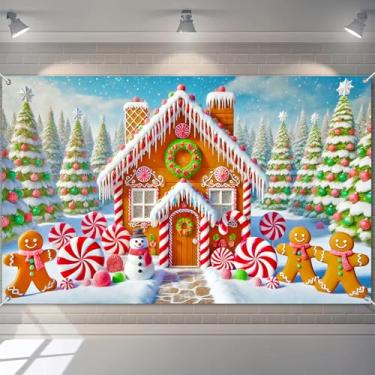 Imagem de BlisYard Banner de Natal Candyland Gingerbread House Peppermint Lollipop Trees Gingerbread Men Snowman Winter Wonderland Scene 71x43 polegadas para festas de fim de ano, decoração interna e externa