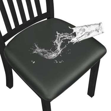 Imagem de Easy-Going Capas de assento de couro PU à prova d'água para cadeiras de sala de jantar, conjunto de 6, capas protetoras de assento de cadeira removíveis com elástico, cinza escuro