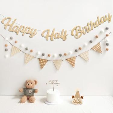 Imagem de Faixa de Happy Half Birthday Flâmula de tecido de feltro pré-amarrado bandeiras e guirlanda de pompom, chapéu de festa para decorações de meio aniversário, placa reutilizável para meninas e meninos de