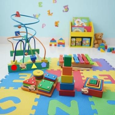 Imagem de Kit Brinquedo Educativo Pedagógico Em Madeira Aramado G + Prancha + Xilofone + Cubo De Encaixe (Kit Aramado G A)