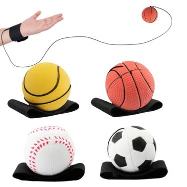 Imagem de SAYAYA 4 bolas de retorno de pulso em uma corda de bolas esportivas de rebote de 5 cm com alça elástica beisebol futebol tênis prática, lembrancinhas de festa, exercícios de pulso e brincadeiras