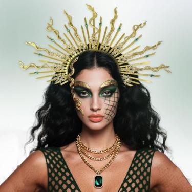 Imagem de JeVenis Medusa Headpiece Medusa Crown Gold Snake Tiara Acessórios de Deusa Fantasia Feminina Festa de Halloween Natal Fantasia