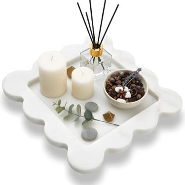 Imagem de DACHUN Bandeja de mármore natural, organizador de banheiro e decoração de balcão de cozinha, bandeja de armazenamento de pedra para velas de maquiagem e joias de perfume (branca2)