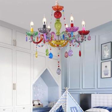 Imagem de Lustre de cristal colorido europeu para quarto de meninas, estilo vela, sala de jantar, quarto, lustre para quarto de hóspedes infantil (18 luzes)
