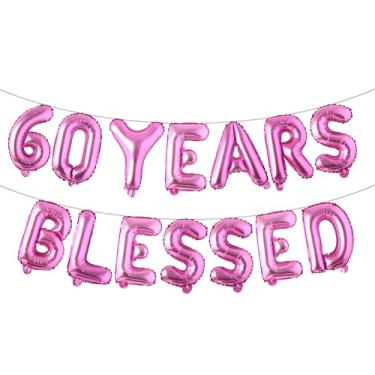 Imagem de 60 Years Blessed Banner de balão multicolorido com glitter, decorações de festa de aniversário de 60 anos/casamentos, cenários de sinalização (60 YEARS BLESSED Rose Red)