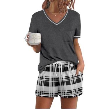Imagem de Conjunto de pijamas femininos Ekouaer, manga curta, lounge, xadrez