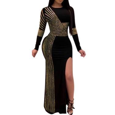 Imagem de Vestido sexy de strass Nagfar com fenda de manga comprida para mulhere