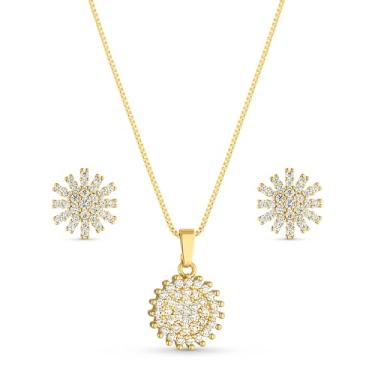 Imagem de Conjunto Colar e Brinco Redondo Pedras de Zircônias Semi Joias Banhado Ouro 18k Presente Inesquecivel