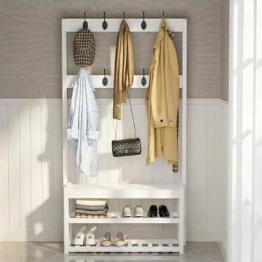 Imagem de Cabide de pé cabide de entrada com banco para sapatos, sapateira independente de 2 níveis e ganchos, suporte de armazenamento para 6 a 8 pares, fácil de montar, ideal para sala de estar e reci