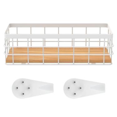 Imagem de Cesta de metal com base de madeira retangular cesta de arame de metal elegante armazenamento decorativo cestas de papel higiênico versáteis para banheiro (branco, trompete)