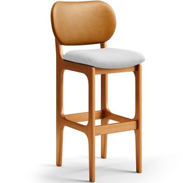 Imagem de Banqueta Alta Bar Cozinha Sala Jantar Betta L02 Imbuia Couríssimo Whisky Linho Cinza - Lyam Decor