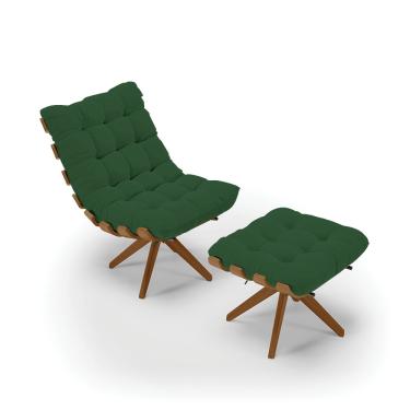 Imagem de Kit 01 Poltrona e 01 Puff Giratório Costela Veludo Verde Base Madeira MA30 M11 - D'Rossi