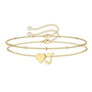Imagem de M MOOHAM Pulseiras femininas de ouro com inicial de coração – Pulseiras femininas delicadas em camadas com pingente de coração e letra A-Z com elos de corrente, pulseiras com contas, presentes de