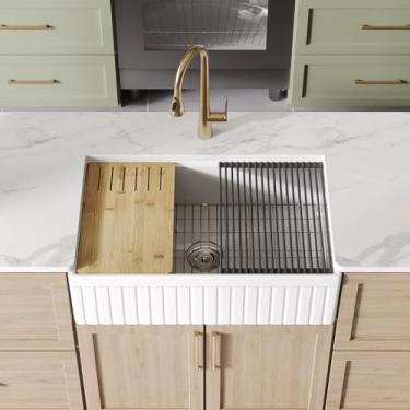 Imagem de DeerValley 83,8 cm C x 50,8 cm L Lavatório de cozinha para estação de trabalho de fazenda, avental de tigela única reversível reclay profundo pia de cozinha frontal, pia de fazenda subterrânea branca