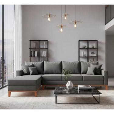 Imagem de Sofá Beny com Chaise Esquerda, 1,40x2,60m, 4 Lugares, Linho, Base em Madeira. (Grafite)