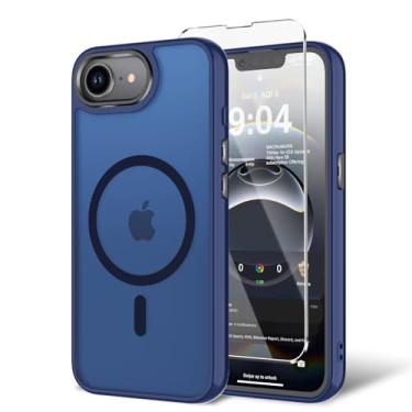 Imagem de BPOASE Capa para iPhone 16E com protetor de tela, [compatível com Magsafe] Capa de telefone ultrafina translúcida fosca à prova de choque - azul escuro