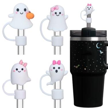 Imagem de Amreich Topos de palha fantasma 3D com laços rosa e abóboras, capas de palha de Halloween para Stanley 30 copos acessórios de 1,134 g, artigos de presente de festa de Halloween/Dia dos Mortos