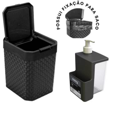 Imagem de Kit Dispenser 500Ml E Lixeira De Pia Com Tampa Click 5 Lts