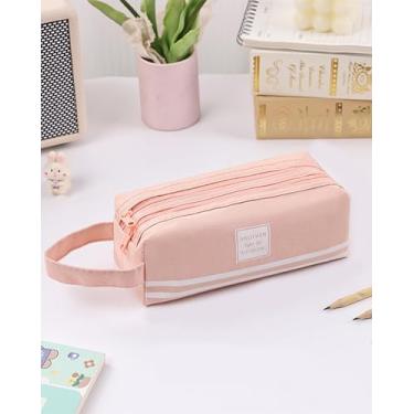 Imagem de Estojo de lápis rosa de camada dupla, bolsa de papelaria de tecido durável para material de escritório