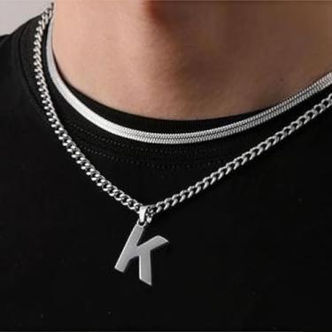 Imagem de Coleção de 26 colares com pingente de alfabeto em camadas, design de corrente dupla (cobra e elos cubanos), joias urbanas hip hop para uso diário e casual, One Size, Aço inoxidável, Sem Pedra Preciosa