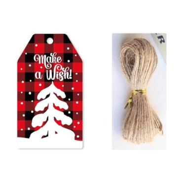 Imagem de 50 etiquetas de presente de papel de Natal com cordas, etiquetas de presente de papel de feliz Natal de 6,9 cm x 4,1 cm, etiquetas de presente com corda para lembrancinhas de festa, sacos pendurados