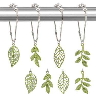 Imagem de TJSKD Ganchos de cortina de chuveiro com folhas - Pacote com 12 anéis de cortina de chuveiro de folha de planta verde, cabides de cortina de chuveiro à prova de ferrugem, ganchos de chuveiro para