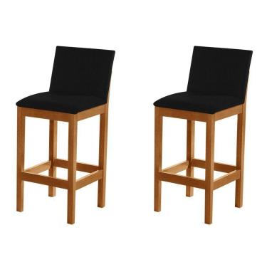 Imagem de Kit 2 Banquetas Alta Luxo Pérola Com Encosto Estofada Em Veludo Preto Madeira Maciça Castanho