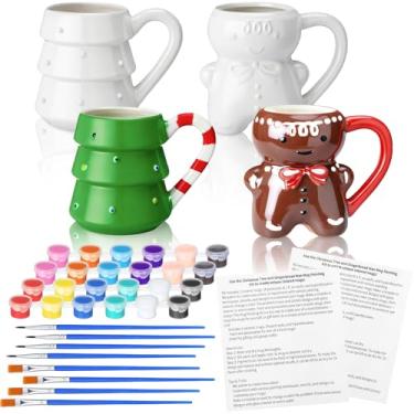 Imagem de Vesici 4 conjuntos de kits de canecas de Natal para pintar suas próprias canecas de Natal com pincel de 12 cores manual de instruções para homem de gengibre de cerâmica canecas de árvore de Natal DIY