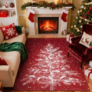 Imagem de Lahome Tapetes de Natal com estampa de árvore – Tapete lavável para quarto de bebê, vermelho, macio, antiderrapante, resistente a manchas, para sala de estar, decoração de férias, tapetes não trafinos
