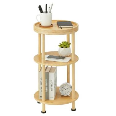 Imagem de Mesa lateral de bambu, mesa lateral redonda pequena de bambu de 3 camadas, mesa de canto redonda para sala de estar, mesa de cabeceira com prateleiras de armazenamento (clássica, natural)