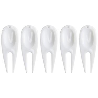 Imagem de Conjunto de garfo de golfe de plástico com design ergonômico, 5 peças, ferramenta de reparo de relva de divot, branco, orifício de suspensão para transporte fácil, campos de golfe, uso para cuidados