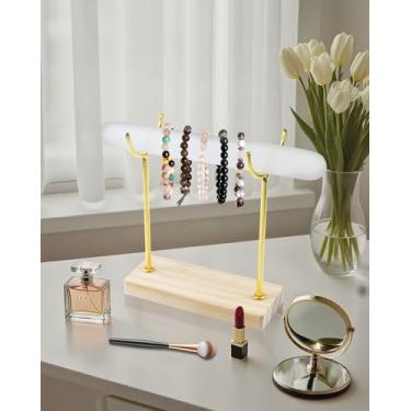 Imagem de Suporte de exibição de pulseiras de selenite, suporte de pulseira gótica de cura de cristal de selenita com base de madeira, organizador removível de armazenamento de joias para colar, pulseiras de