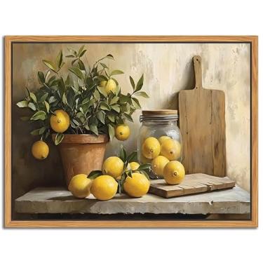 Imagem de Arte de parede de cozinha vintage emoldurada flutuante, pinturas a óleo para decoração de parede de natureza morta de limão amarelo, arte de fazenda rústica, pôsteres em tela, imagens para sala de