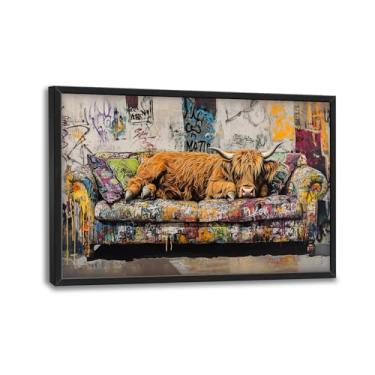 Imagem de Arte de parede de vaca Highland, decoração de parede de imagens de vaca de grafite, pintura de impressão em tela de animais engraçados, arte emoldurada grande para sala de estar, quarto, escritório