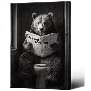 Imagem de Decoração de banheiro de urso marrom, urso marrom engraçado no vaso sanitário ler pôster de jornais, impressão em tela de arte animal preto e branco para decoração de banheiro 30 x 45 cm sem moldura