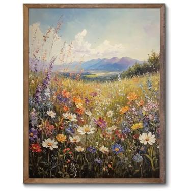 Imagem de XOCUUI Arte de parede de flores silvestres vintage, pinturas a óleo de paisagem de campo de fazenda, pinturas de arte, decoração de paisagem, paisagem da natureza, impressões em tela florais coloridas