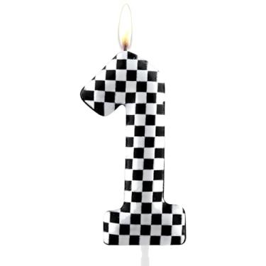 Imagem de Velas de aniversário xadrez pretas e brancas, bandeira quadriculada, número de tema de corrida, decoração de bolo de aniversário, decoração de festa para entusiastas de carros, velas de bolo de 1º