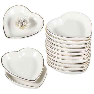Imagem de LUMINFLY 12 pratos de bugigangas de cerâmica em forma de coração com bordas douradas, conjunto de bandejas de joias para anéis de noivado, brincos, colares e pulseiras