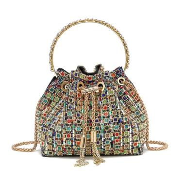 Imagem de Bolsa Noturna Bright Diamond para Mulheres de Mão com Glitter Festa Formatura Coquetel Casamento Bucket Couro Falso PU Exquisito Cadeia Metal Transversal Leve e Compacta