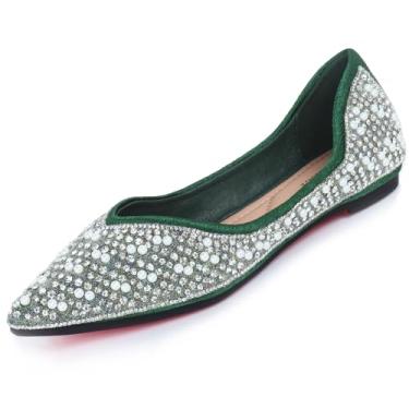 Imagem de YOYOCXH Sapatilhas femininas com strass pontiagudo pérola confortável macio casamento elegante bailarina elegante, Verde, 34