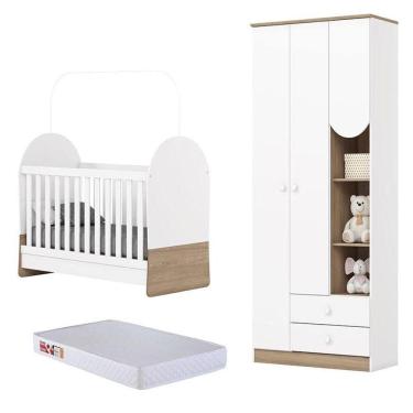 Imagem de Guarda Roupa 3 Portas E Berço Mini Cama Magia Branco Jequitibá Com Colchão 130x60 Prorelax - Henn