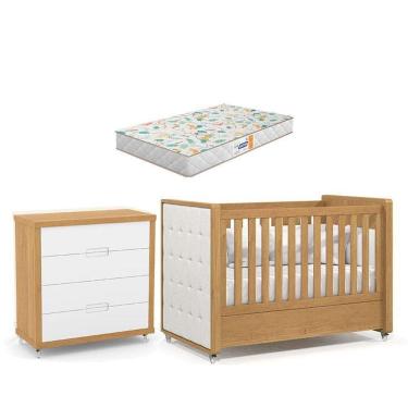 Imagem de Berço Americano Com Capitonê New Boucle E Cômoda Gaveteiro Infantil Tutto New Freijó E Colchão Gazin - Matic