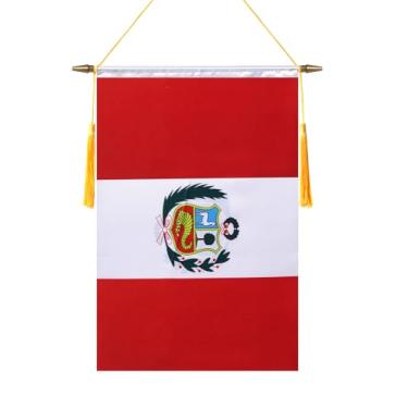 Imagem de TMHTMH Bandeira de parede do Peru de 45,7 x 30,5 cm, poste suspenso de madeira e acabamento acetinado duplo, bandeira peruana, para sala de casa, sala de aula escolar, clube e porta
